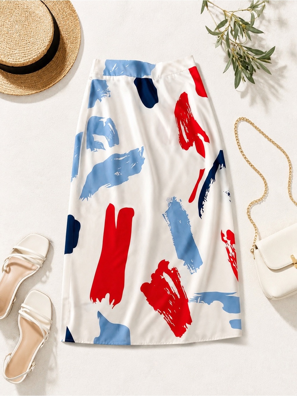 SHEIN White Midi Skirt with Red & Blue Brushstroke Print